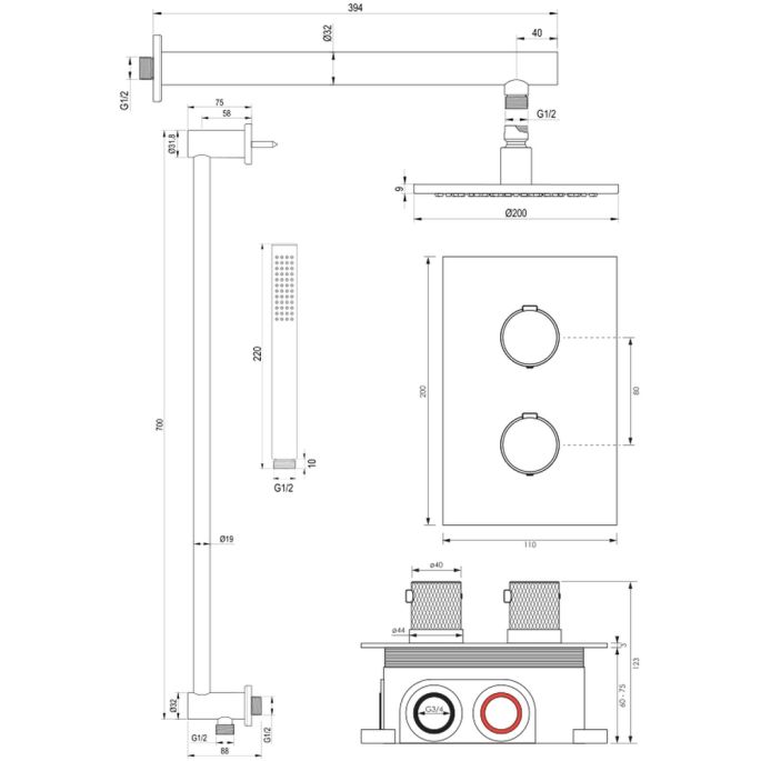 Brauer Carving 5-GK-133 thermostatische inbouw regendouche 3-weg omstelling SET 37 koper geborsteld PVD