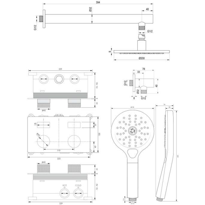 Brauer Carving 5-GK-190 thermostatische inbouw regendouche met drukknoppen SET 55 koper geborsteld PVD