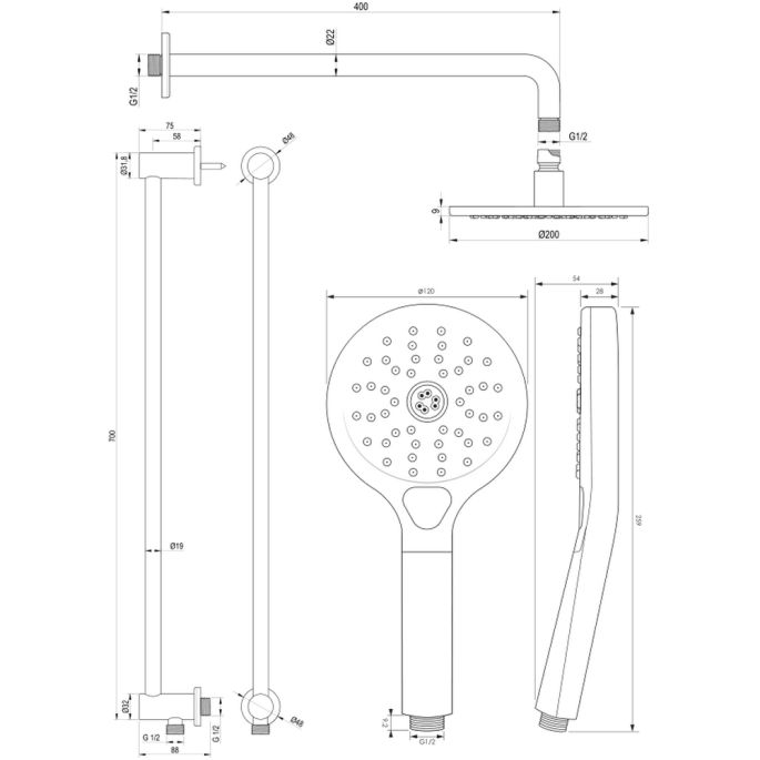 Brauer Carving 5-GK-204 thermostatische inbouw regendouche met drukknoppen SET 69 koper geborsteld PVD