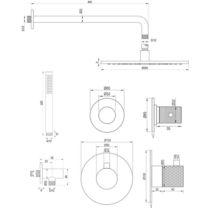 Brauer Carving 5-GM-100 thermostatische inbouw regendouche SET 04 gunmetal geborsteld PVD
