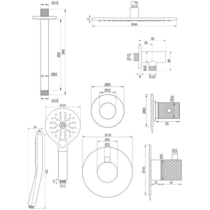 Brauer Carving 5-GM-108 thermostatische inbouw regendouche SET 12 gunmetal geborsteld PVD