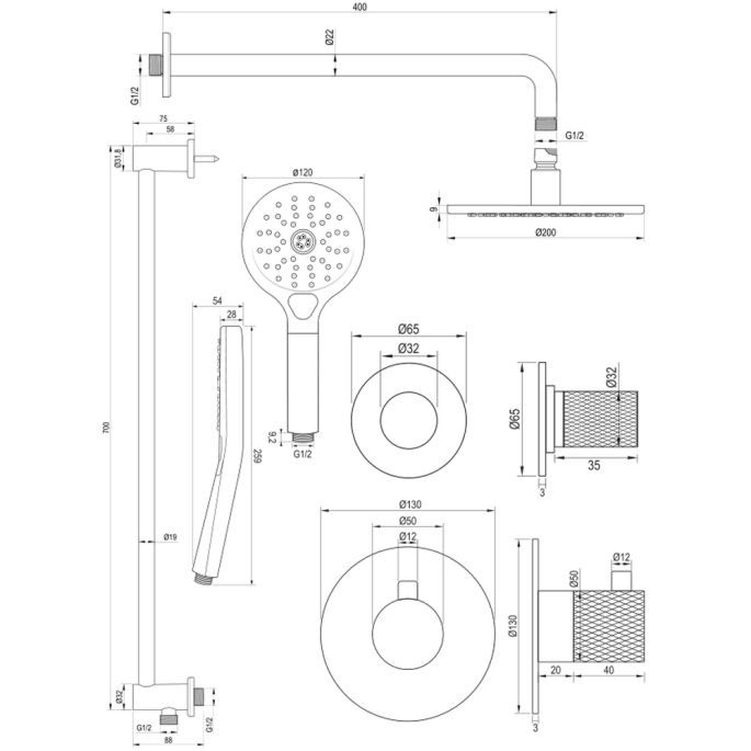 Brauer Carving 5-GM-117 thermostatische inbouw regendouche SET 21 gunmetal geborsteld PVD