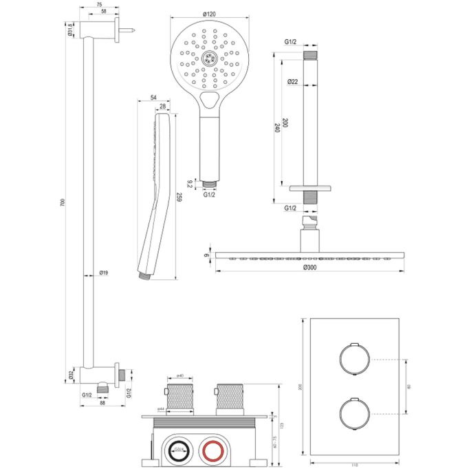 Brauer Carving 5-GM-144 thermostatische inbouw regendouche 3-weg omstelling SET 48 gunmetal geborsteld PVD