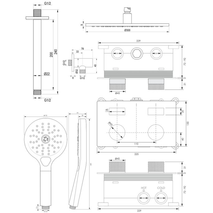 Brauer Carving 5-GM-195 thermostatische inbouw regendouche met drukknoppen SET 60 gunmetal geborsteld PVD