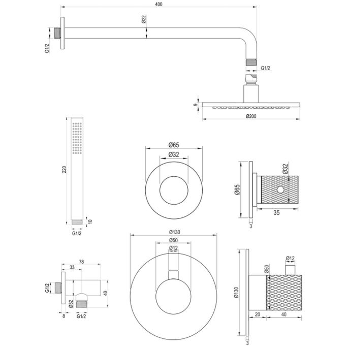 Brauer Carving 5-NG-099 thermostatische inbouw regendouche SET 03 RVS geborsteld PVD