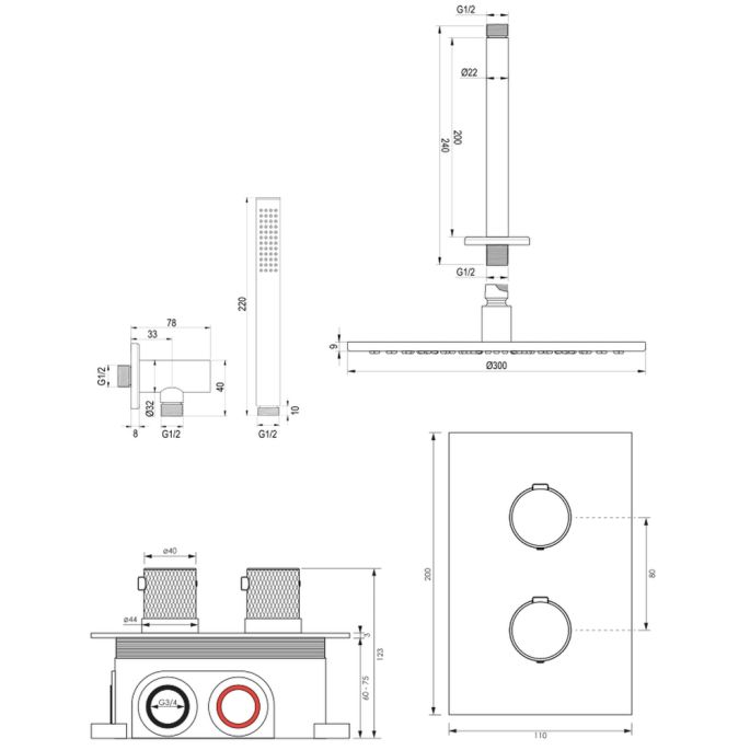 Brauer Carving 5-NG-126 thermostatische inbouw regendouche 3-weg omstelling SET 30 RVS geborsteld PVD