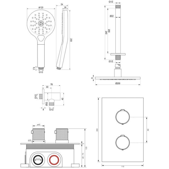 Brauer Carving 5-NG-131 thermostatische inbouw regendouche 3-weg omstelling SET 35 RVS geborsteld PVD