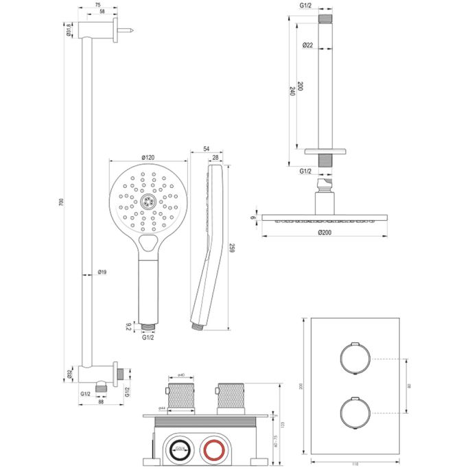 Brauer Carving 5-NG-143 thermostatische inbouw regendouche 3-weg omstelling SET 47 RVS geborsteld PVD