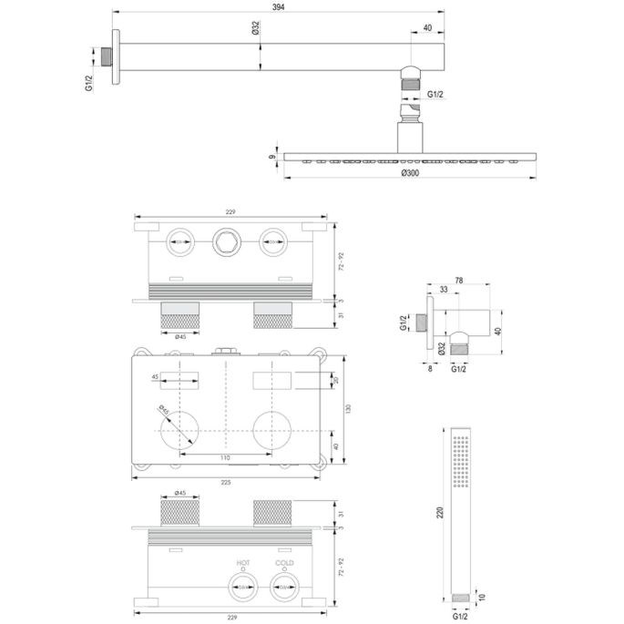 Brauer Carving 5-NG-185 thermostatische inbouw regendouche met drukknoppen SET 50 RVS geborsteld PVD