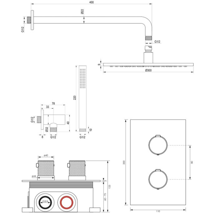 Brauer Carving 5-S-124 thermostatische inbouw regendouche 3-weg omstelling SET 28 mat zwart