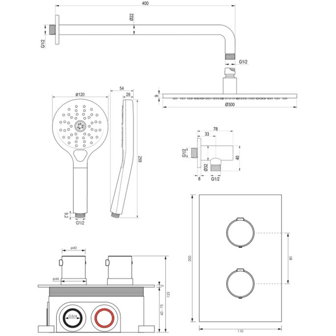 Brauer Edition 5-CE-057 thermostatische inbouw regendouche 3-weg omstelling SET 34 chroom