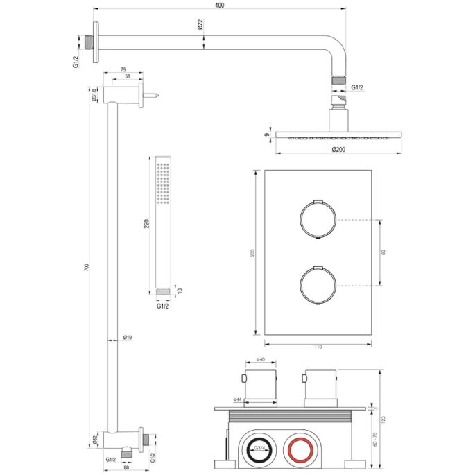 Brauer Edition 5-CE-062 thermostatische inbouw regendouche 3-weg omstelling SET 39 chroom