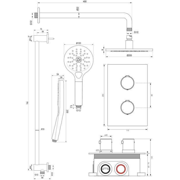 Brauer Edition 5-CE-068 thermostatische inbouw regendouche 3-weg omstelling SET 45 chroom