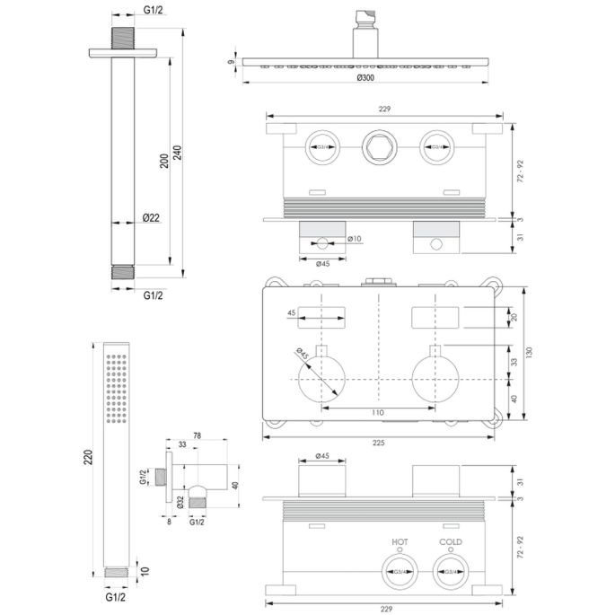 Brauer Edition 5-CE-165 thermostatic concealed rain shower with push buttons SET 54 chrome