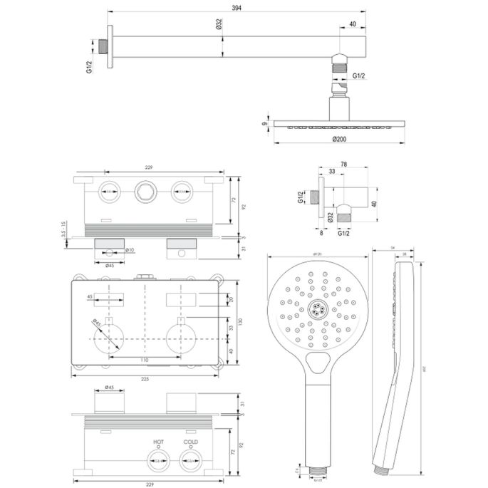 Brauer Edition 5-CE-166 thermostatic concealed rain shower with push buttons SET 55 chrome