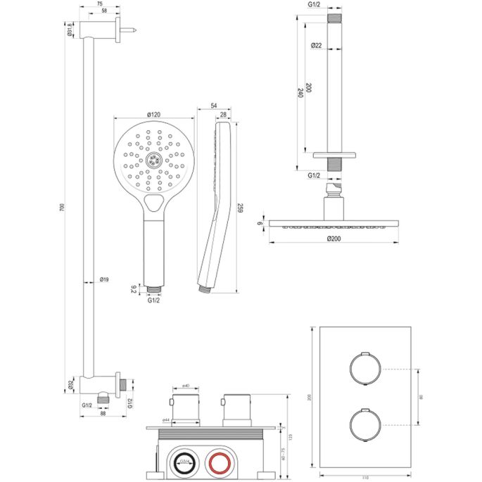 Brauer Edition 5-GG-072 thermostatische inbouw regendouche 3-weg omstelling SET 47 goud geborsteld PVD