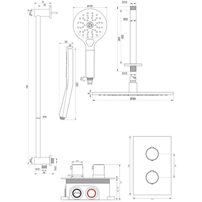 Brauer Edition 5-GG-073 thermostatische inbouw regendouche 3-weg omstelling SET 48 goud geborsteld PVD