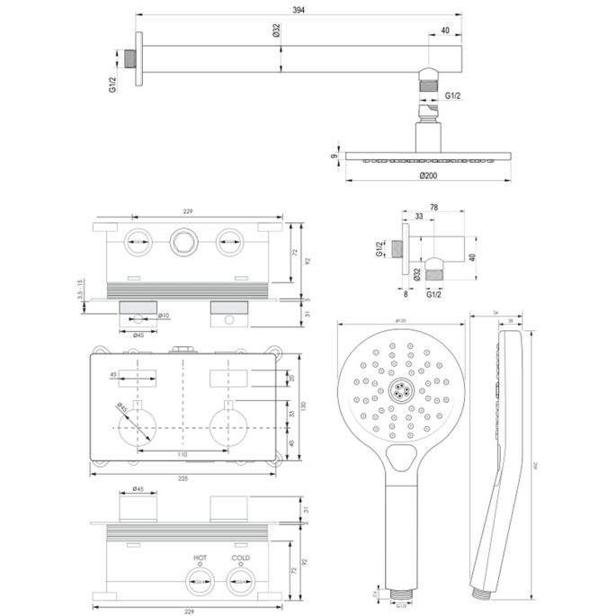 Brauer Edition 5-GG-166 thermostatische inbouw regendouche met drukknoppen SET 55 goud geborsteld PVD
