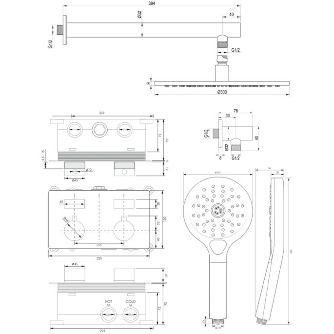 Brauer Edition 5-GG-167 thermostatic concealed rain shower with push buttons SET 56 gold brushed PVD