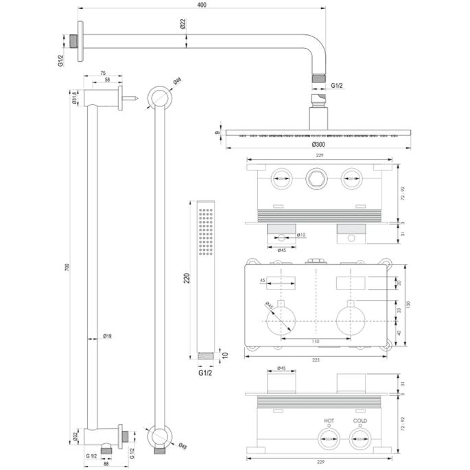 Brauer Edition 5-GG-175 thermostatische inbouw regendouche met drukknoppen SET 64 goud geborsteld PVD