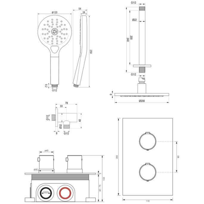 Brauer Edition 5-GK-060 thermostatische inbouw regendouche 3-weg omstelling SET 35 koper geborsteld PVD