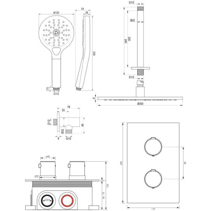 Brauer Edition 5-GK-061 thermostatic concealed rain shower 3-way diverter SET 36 copper brushed PVD