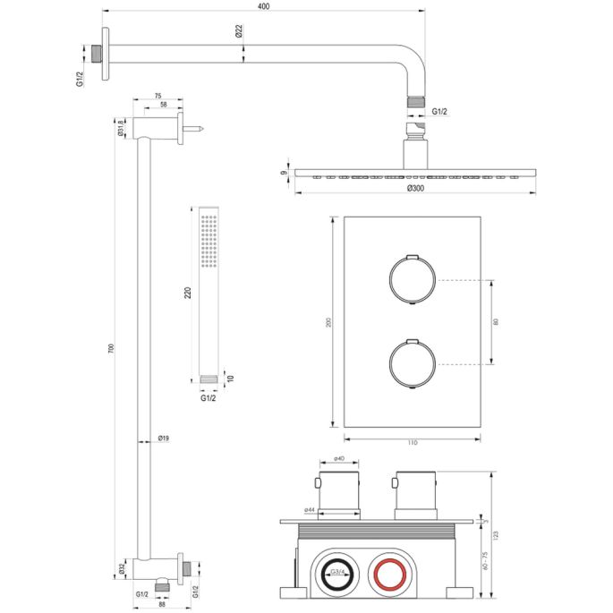 Brauer Edition 5-GK-063 thermostatic concealed rain shower 3-way diverter SET 40 copper brushed PVD