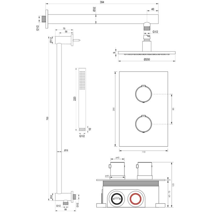 Brauer Edition 5-GK-064 thermostatische inbouw regendouche 3-weg omstelling SET 37 koper geborsteld PVD