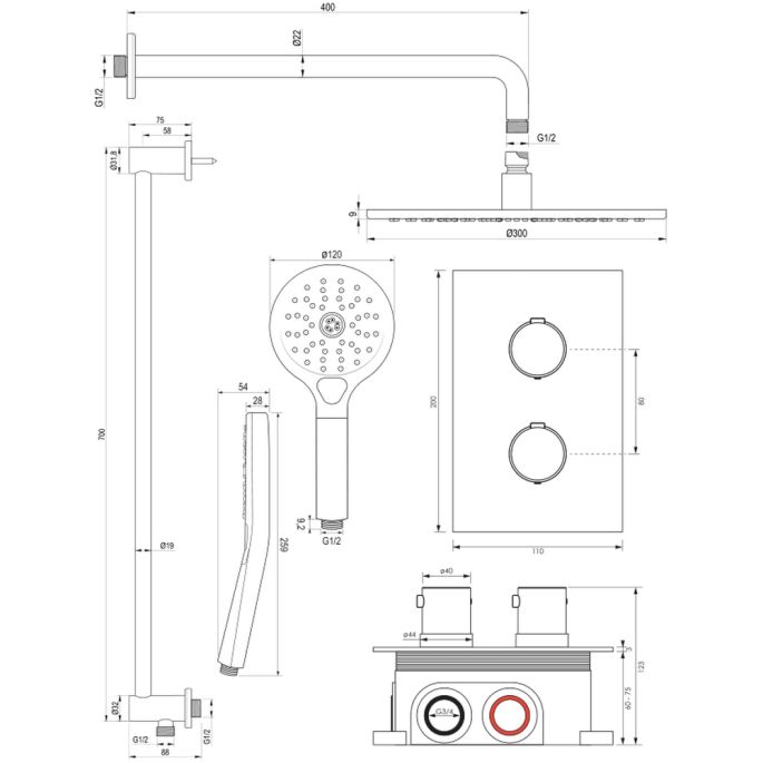 Brauer Edition 5-GK-069 thermostatische inbouw regendouche 3-weg omstelling SET 46 koper geborsteld PVD