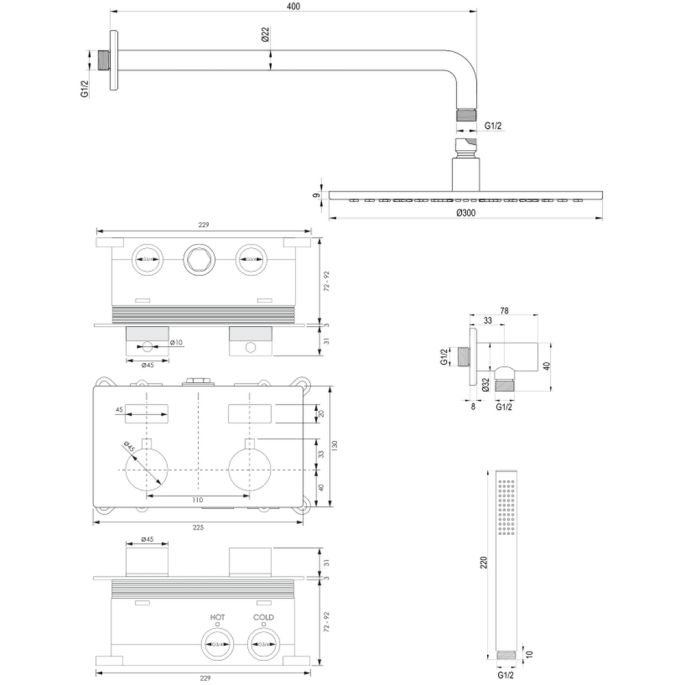 Brauer Edition 5-GK-163 thermostatische inbouw regendouche met drukknoppen SET 52 koper geborsteld PVD
