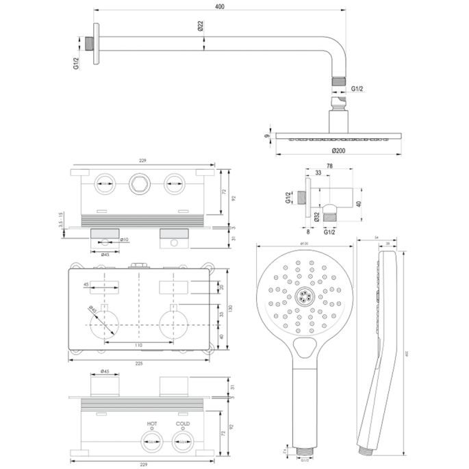 Brauer Edition 5-GK-168 thermostatische inbouw regendouche met drukknoppen SET 57 koper geborsteld PVD