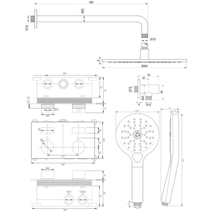 Brauer Edition 5-GK-169 thermostatische inbouw regendouche met drukknoppen SET 58 koper geborsteld PVD