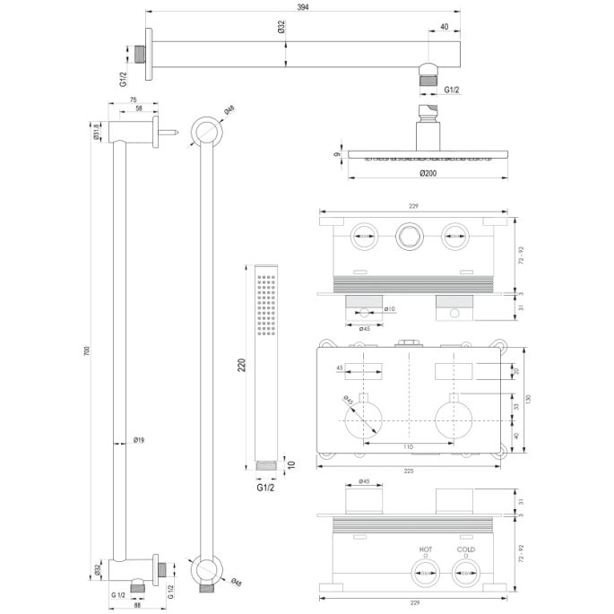 Brauer Edition 5-GK-172 thermostatische inbouw regendouche met drukknoppen SET 61 koper geborsteld PVD