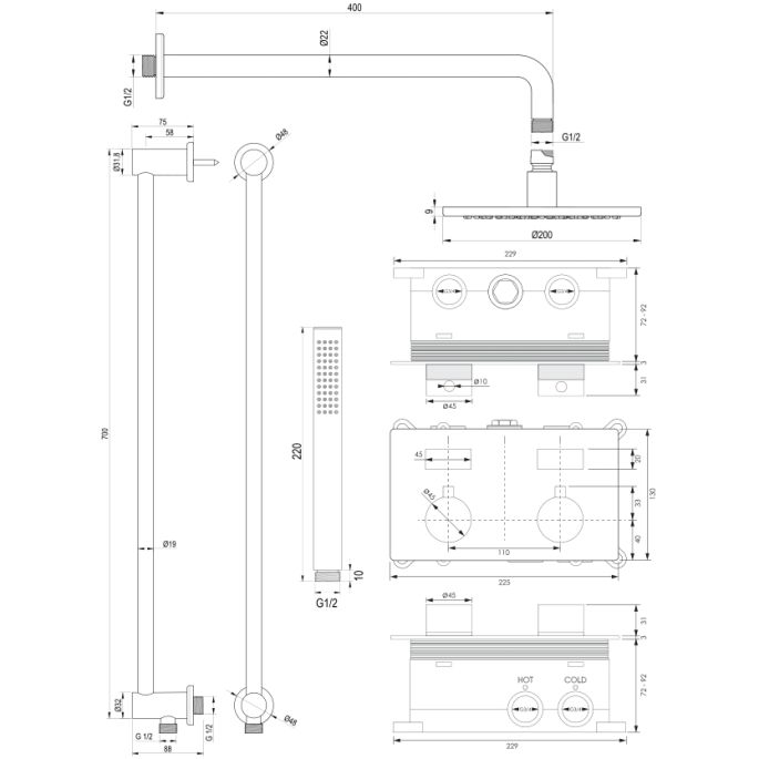 Brauer Edition 5-GK-174 thermostatische inbouw regendouche met drukknoppen SET 63 koper geborsteld PVD