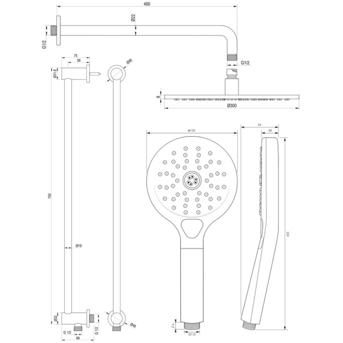 Brauer Edition 5-GK-181 thermostatische inbouw regendouche met drukknoppen SET 70 koper geborsteld PVD