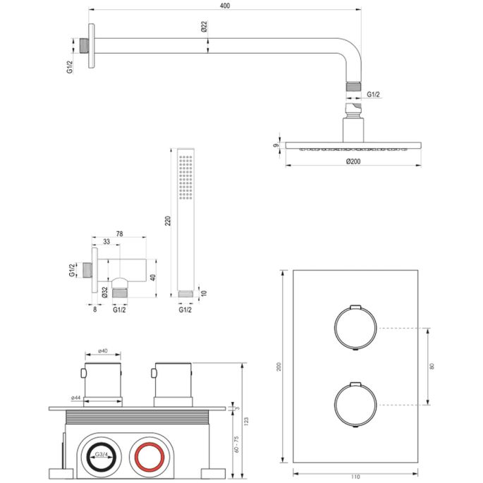 Brauer Edition 5-GM-050 Thermostat-Unterputz-Regenbrause 3-Wege-Umsteller SET 27 gunmetal gebürstet PVD