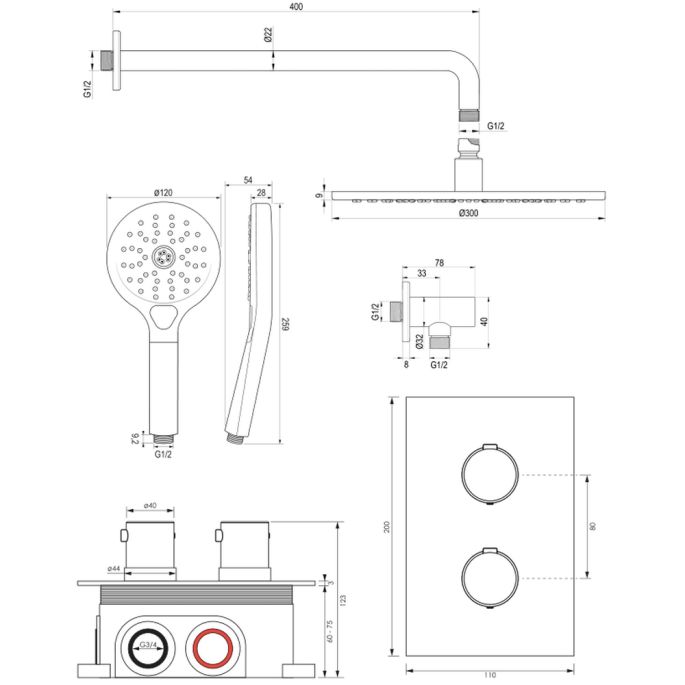 Brauer Edition 5-GM-057 thermostatische inbouw regendouche 3-weg omstelling SET 34 gunmetal geborsteld PVD