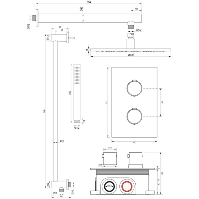 Brauer Edition 5-GM-065 thermostatische inbouw regendouche 3-weg omstelling SET 38 gunmetal geborsteld PVD