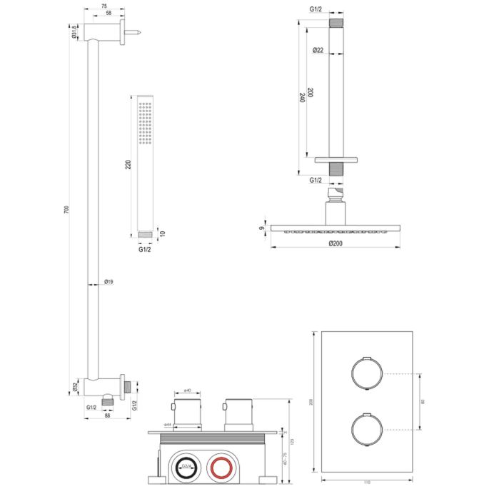 Brauer Edition 5-GM-066 thermostatische inbouw regendouche 3-weg omstelling SET 41 gunmetal geborsteld PVD