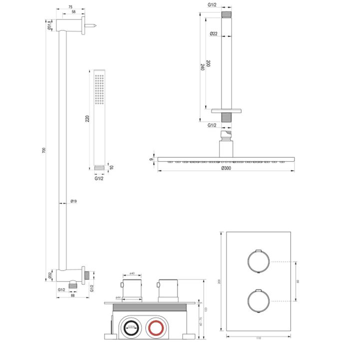 Brauer Edition 5-GM-067 thermostatische inbouw regendouche 3-weg omstelling SET 42 gunmetal geborsteld PVD