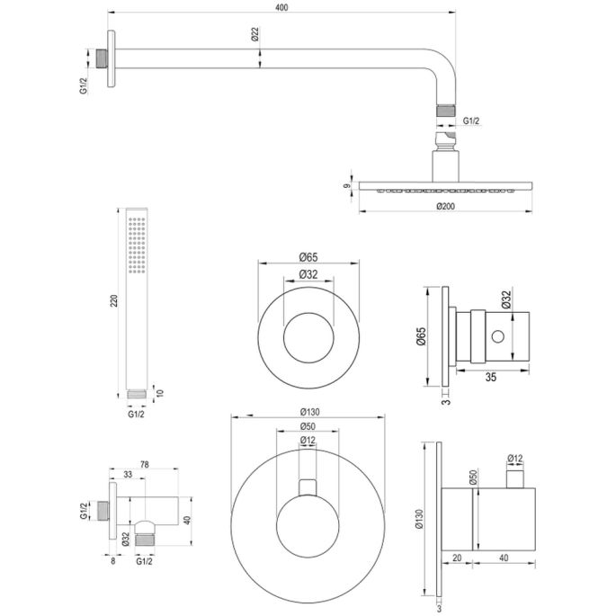 Brauer Edition 5-GM-074 thermostatische inbouw regendouche SET 03 gunmetal geborsteld PVD