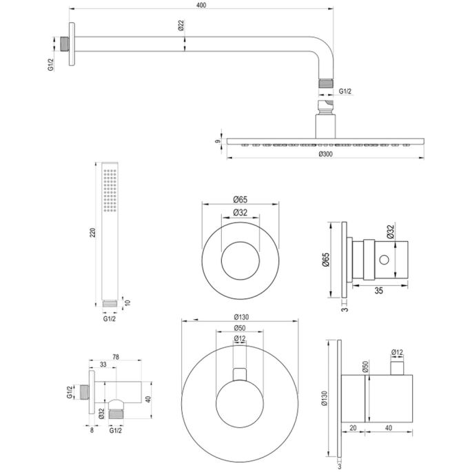 Brauer Edition 5-GM-075 thermostatische Unterputz-Regenbrause SET 04 Rotguss gebürstet PVD