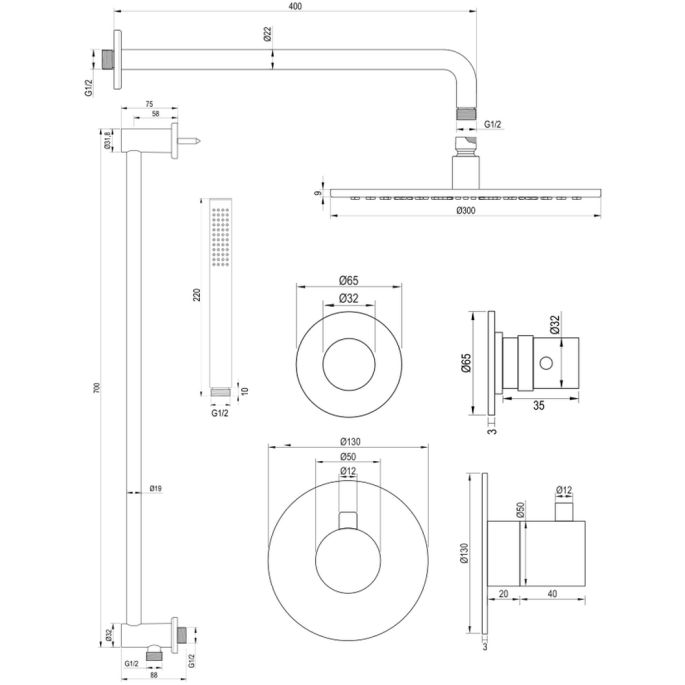 Brauer Edition 5-GM-079 thermostatische inbouw regendouche SET 16 gunmetal geborsteld PVD