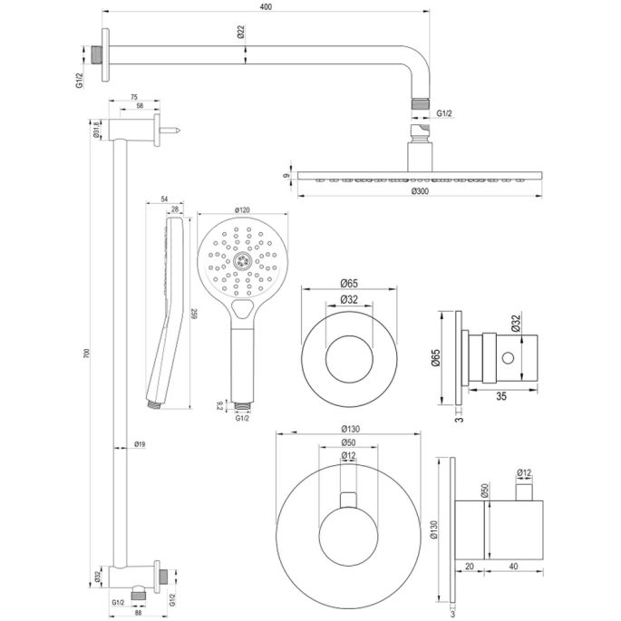 Brauer Edition 5-GM-081 thermostatische inbouw regendouche SET 22 gunmetal geborsteld PVD