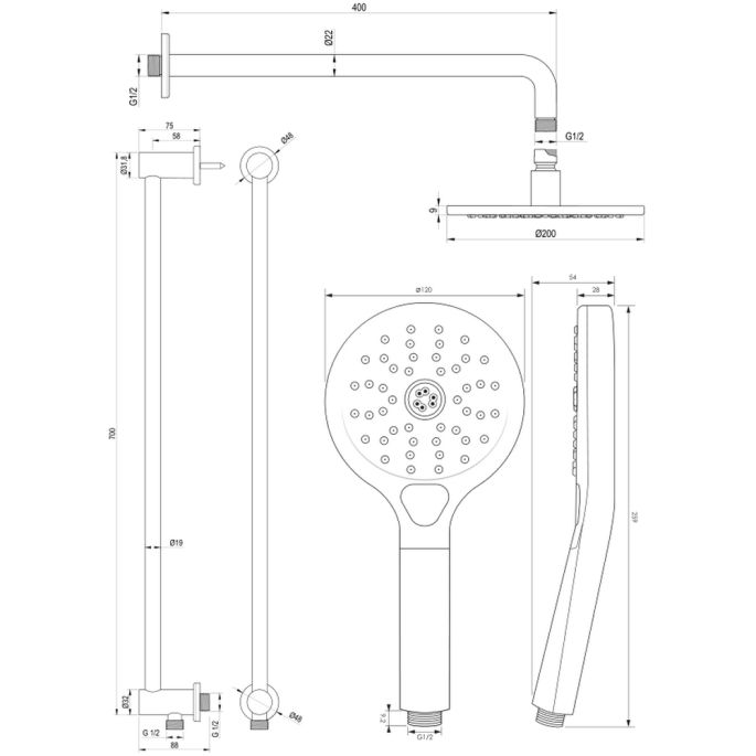 Brauer Edition 5-GM-180 thermostatische inbouw regendouche met drukknoppen SET 69 gunmetal geborsteld PVD