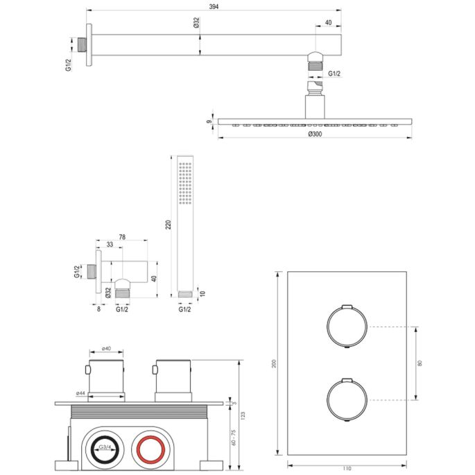 Brauer Edition 5-NG-053 thermostatische inbouw regendouche 3-weg omstelling SET 26 RVS geborsteld PVD