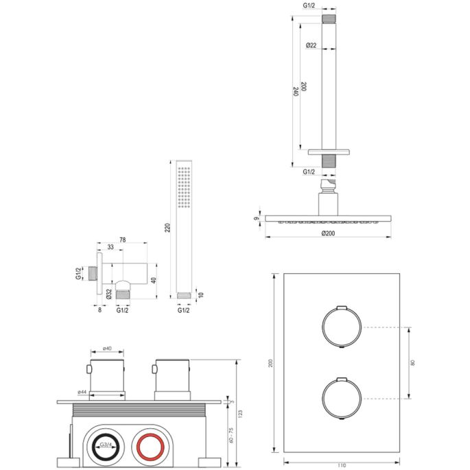 Brauer Edition 5-NG-054 thermostatische inbouw regendouche 3-weg omstelling SET 29 RVS geborsteld PVD