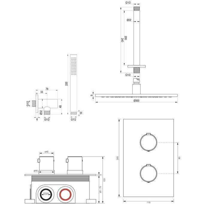 Brauer Edition 5-NG-055 thermostatische inbouw regendouche 3-weg omstelling SET 30 RVS geborsteld PVD