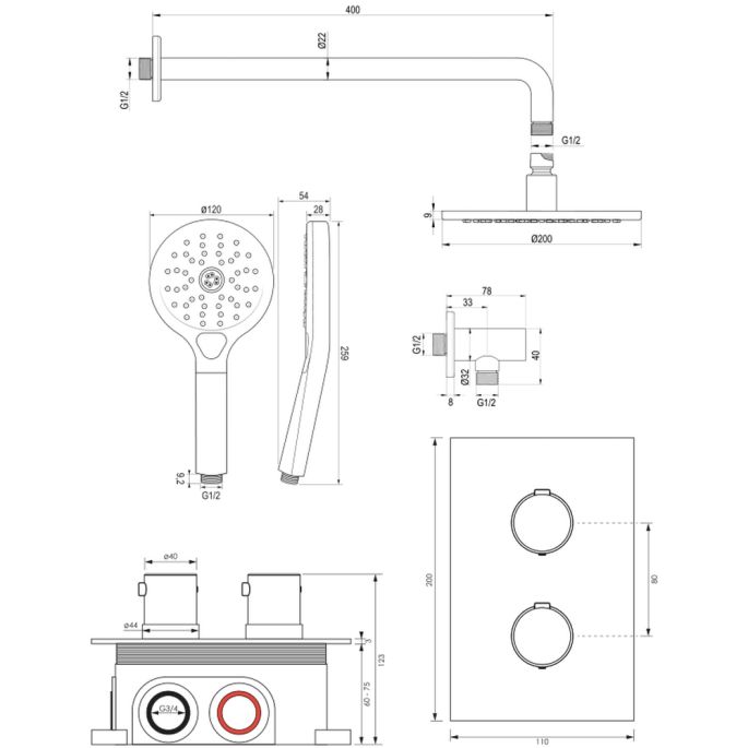 Brauer Edition 5-NG-056 thermostatische inbouw regendouche 3-weg omstelling SET 33 RVS geborsteld PVD