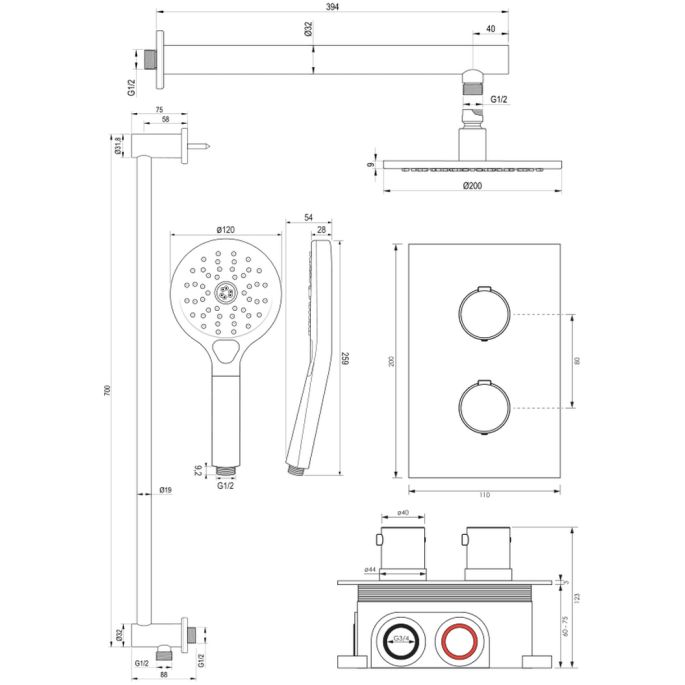 Brauer Edition 5-NG-070 thermostatische inbouw regendouche 3-weg omstelling SET 43 RVS geborsteld PVD